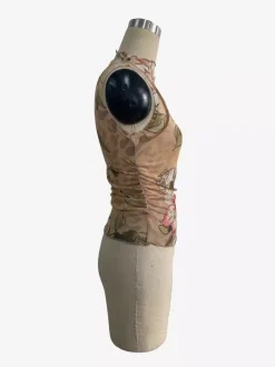 Vintage Floral Print Ruched Mock Neck Mesh Sleeveless Tank Top For Women 2026