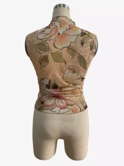 Vintage Floral Print Ruched Mock Neck Mesh Sleeveless Tank Top For Women 2026