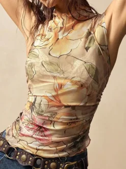 Vintage Floral Print Ruched Mock Neck Mesh Sleeveless Tank Top For Women 2026