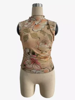 Vintage Floral Print Ruched Mock Neck Mesh Sleeveless Tank Top For Women 2026