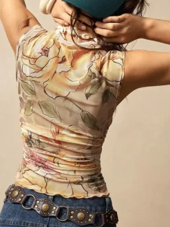 Vintage Floral Print Ruched Mock Neck Mesh Sleeveless Tank Top For Women 2026