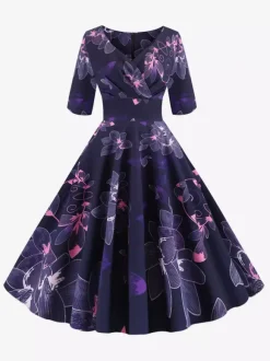 Vintage Glamour Dress Black 1950s Style Floral Print Layered Half Sleeves Sweetheart Neck Medium Rockabilly Dress