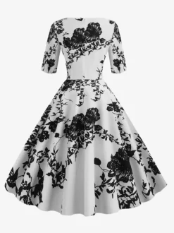 Vintage Glamour Dress Black 1950s Style Floral Print Layered Half Sleeves Sweetheart Neck Medium Rockabilly Dress