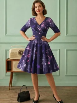 Vintage Glamour Dress Black 1950s Style Floral Print Layered Half Sleeves Sweetheart Neck Medium Rockabilly Dress