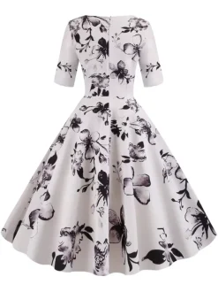 Vintage Glamour Dress Black 1950s Style Floral Print Layered Half Sleeves Sweetheart Neck Medium Rockabilly Dress