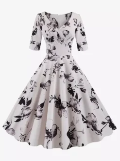 Vintage Glamour Dress Black 1950s Style Floral Print Layered Half Sleeves Sweetheart Neck Medium Rockabilly Dress