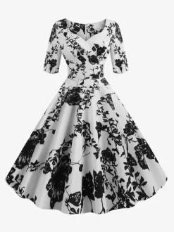 Vintage Glamour Dress Black 1950s Style Floral Print Layered Half Sleeves Sweetheart Neck Medium Rockabilly Dress