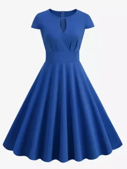 Vintage Glamour Dress 1950s Style Jewel Neck Cut Out Short Sleeves Medium Swing Dress