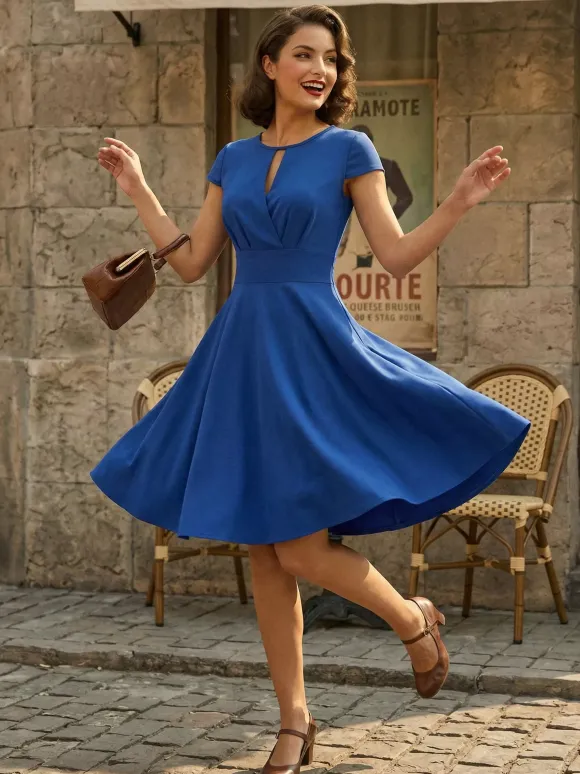Vintage Glamour Dress 1950s Style Jewel Neck Cut Out Short Sleeves Medium Swing Dress