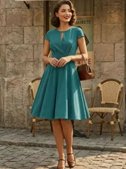 Vintage Glamour Dress 1950s Style Jewel Neck Cut Out Short Sleeves Medium Swing Dress