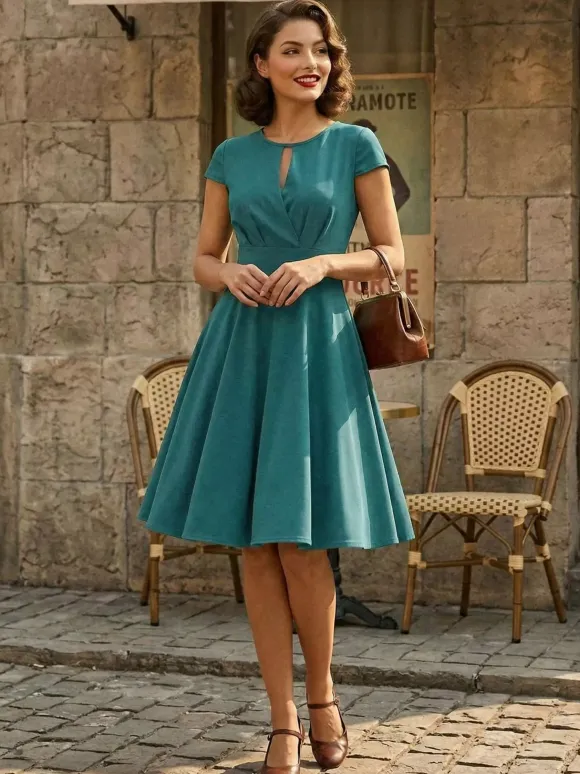 Vintage Glamour Dress 1950s Style Jewel Neck Cut Out Short Sleeves Medium Swing Dress