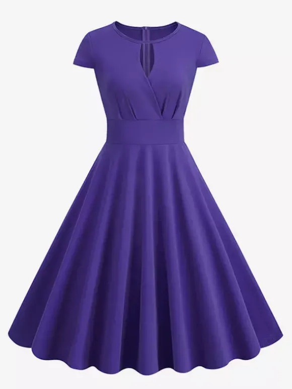 Vintage Glamour Dress 1950s Style Jewel Neck Cut Out Short Sleeves Medium Swing Dress