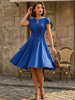 Vintage Glamour Dress 1950s Style Jewel Neck Cut Out Short Sleeves Medium Swing Dress