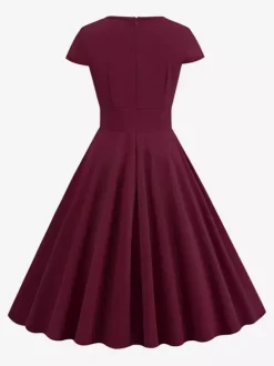 Vintage Glamour Dress 1950s Style Jewel Neck Cut Out Short Sleeves Medium Swing Dress