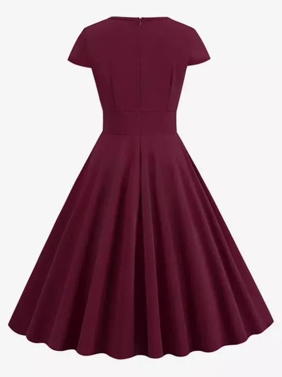 Vintage Glamour Dress 1950s Style Jewel Neck Cut Out Short Sleeves Medium Swing Dress