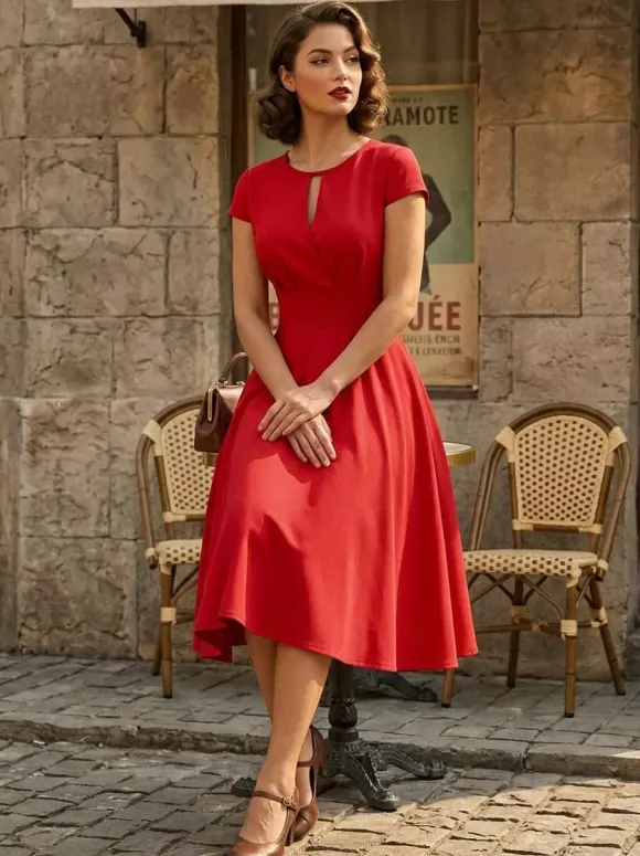 Vintage Glamour Dress 1950s Style Jewel Neck Cut Out Short Sleeves Medium Swing Dress