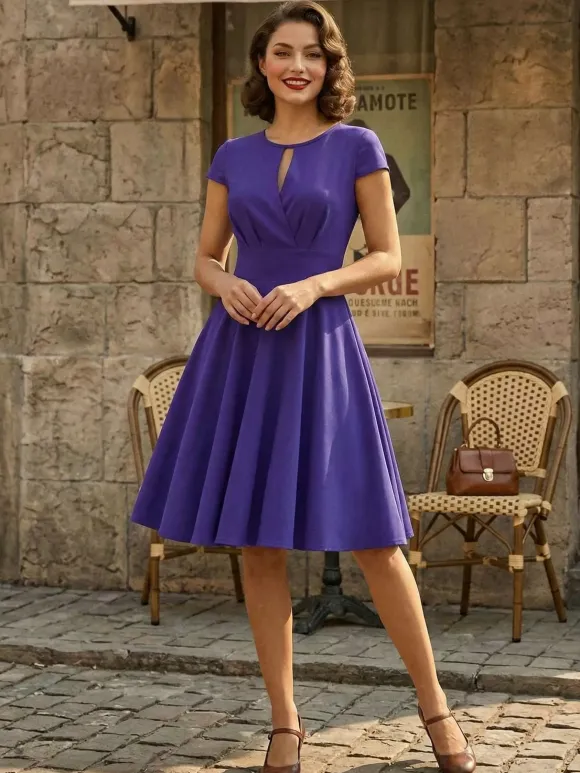 Vintage Glamour Dress 1950s Style Jewel Neck Cut Out Short Sleeves Medium Swing Dress