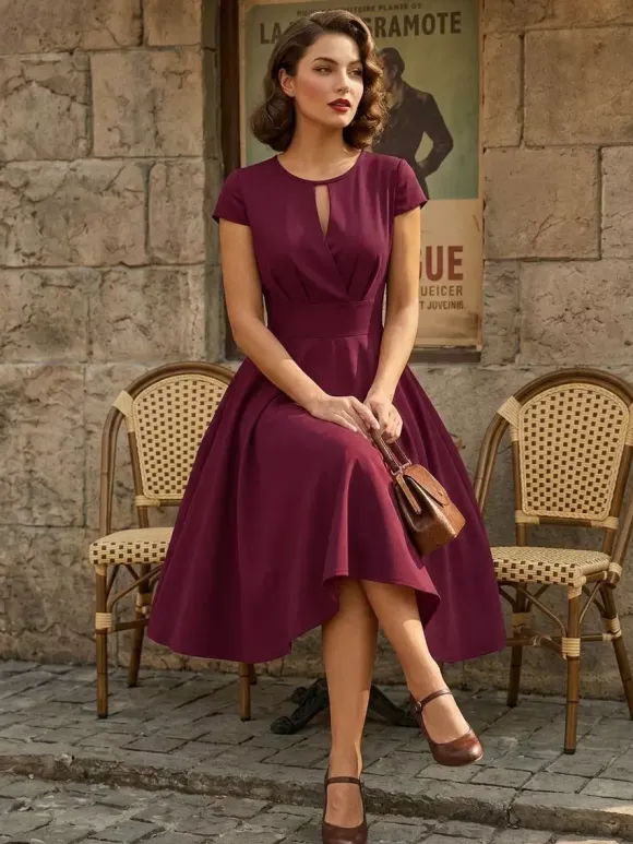 Vintage Glamour Dress 1950s Style Jewel Neck Cut Out Short Sleeves Medium Swing Dress