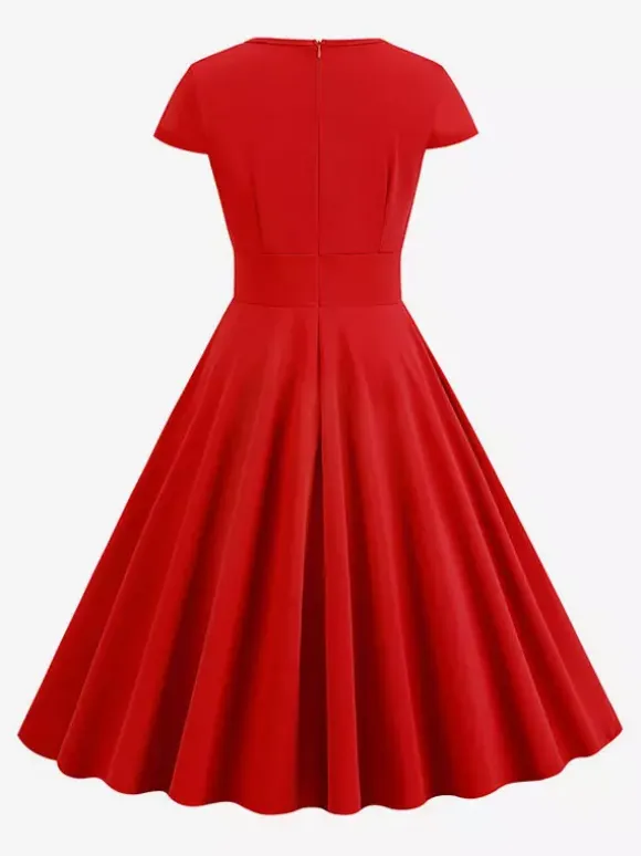 Vintage Glamour Dress 1950s Style Jewel Neck Cut Out Short Sleeves Medium Swing Dress