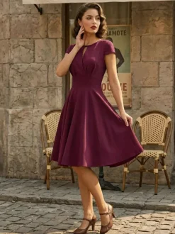 Vintage Glamour Dress 1950s Style Jewel Neck Cut Out Short Sleeves Medium Swing Dress