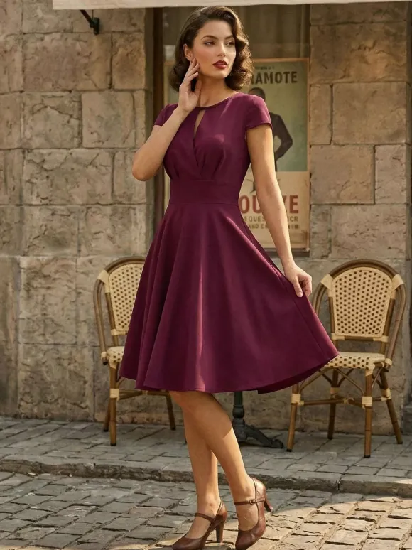 Vintage Glamour Dress 1950s Style Jewel Neck Cut Out Short Sleeves Medium Swing Dress