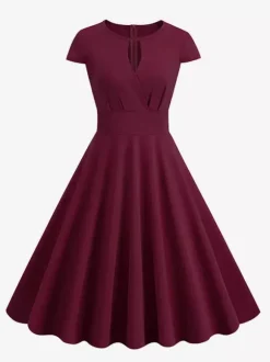 Vintage Glamour Dress 1950s Style Jewel Neck Cut Out Short Sleeves Medium Swing Dress