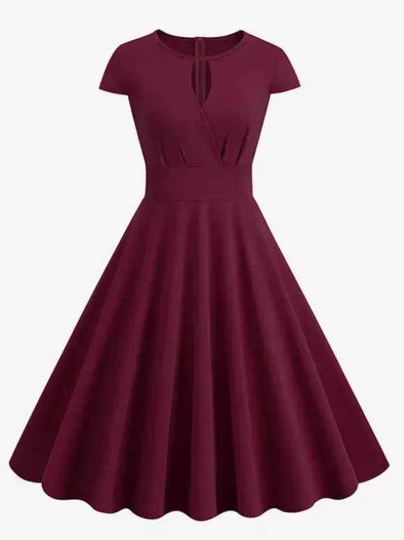 Vintage Glamour Dress 1950s Style Jewel Neck Cut Out Short Sleeves Medium Swing Dress