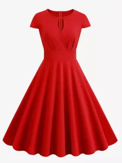 Vintage Glamour Dress 1950s Style Jewel Neck Cut Out Short Sleeves Medium Swing Dress