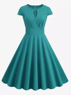 Vintage Glamour Dress 1950s Style Jewel Neck Cut Out Short Sleeves Medium Swing Dress