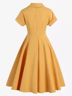 Vintage Glamour Dress Turndown Collar Buttons 1950s Style Short Sleeves Medium Yellow Rockabilly Dress