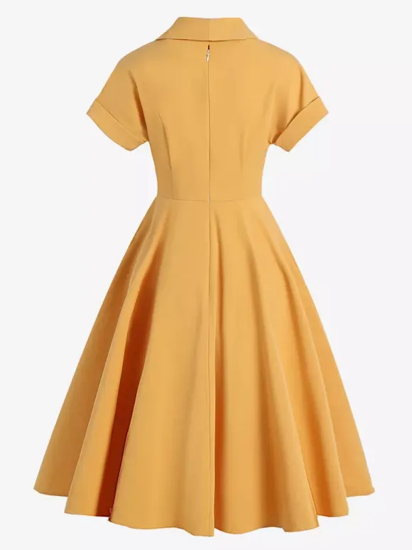 Vintage Glamour Dress Turndown Collar Buttons 1950s Style Short Sleeves Medium Yellow Rockabilly Dress