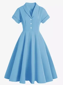 Vintage Glamour Dress Turndown Collar Buttons 1950s Style Short Sleeves Medium Yellow Rockabilly Dress