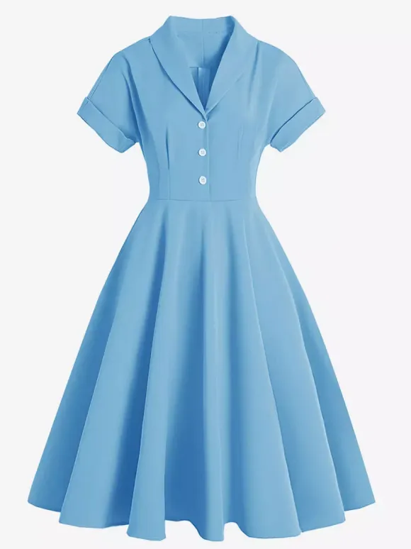 Vintage Glamour Dress Turndown Collar Buttons 1950s Style Short Sleeves Medium Yellow Rockabilly Dress