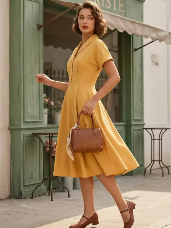 Vintage Glamour Dress Turndown Collar Buttons 1950s Style Short Sleeves Medium Yellow Rockabilly Dress