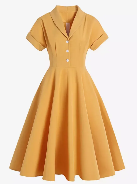 Vintage Glamour Dress Turndown Collar Buttons 1950s Style Short Sleeves Medium Yellow Rockabilly Dress
