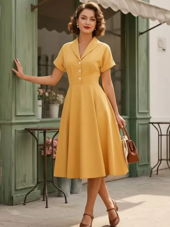 Vintage Glamour Dress Turndown Collar Buttons 1950s Style Short Sleeves Medium Yellow Rockabilly Dress