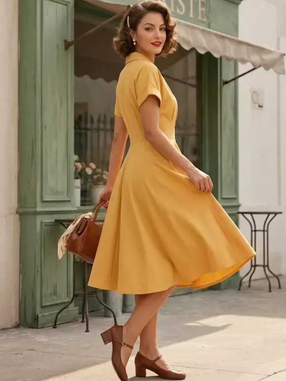 Vintage Glamour Dress Turndown Collar Buttons 1950s Style Short Sleeves Medium Yellow Rockabilly Dress