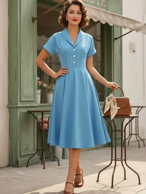 Vintage Glamour Dress Turndown Collar Buttons 1950s Style Short Sleeves Medium Yellow Rockabilly Dress