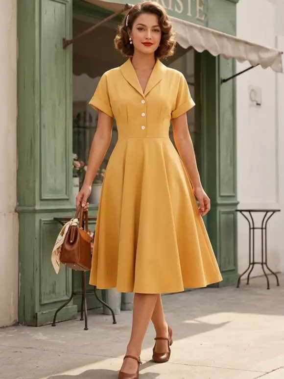 Vintage Glamour Dress Turndown Collar Buttons 1950s Style Short Sleeves Medium Yellow Rockabilly Dress