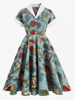 Vintage Glamour Dress Turndown Collar Buttons 1950s Style Short Sleeves Medium Yellow Rockabilly Dress