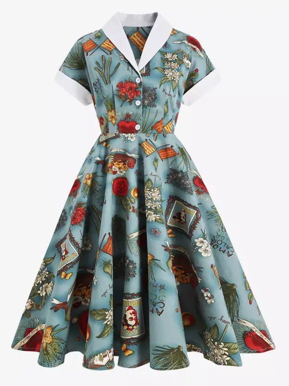 Vintage Glamour Dress Turndown Collar Buttons 1950s Style Short Sleeves Medium Yellow Rockabilly Dress