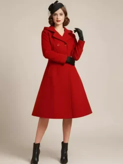 Vintage Hooded A-line Double-breasted Woolen Midi Coat For Women 2026