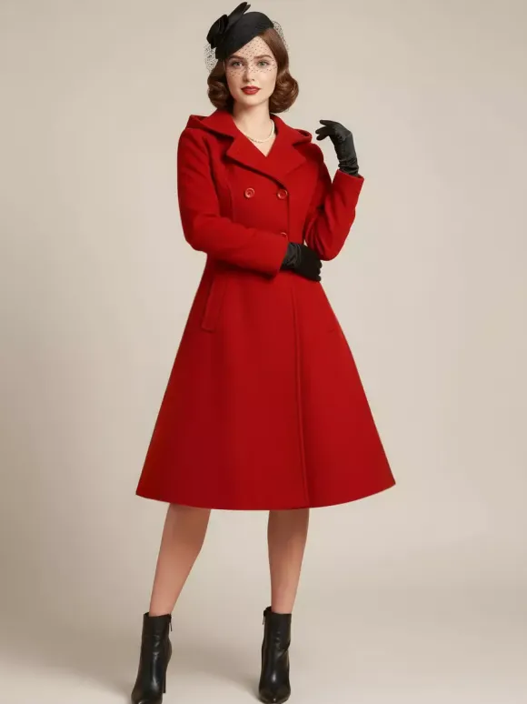 Vintage Hooded A-line Double-breasted Woolen Midi Coat For Women 2026