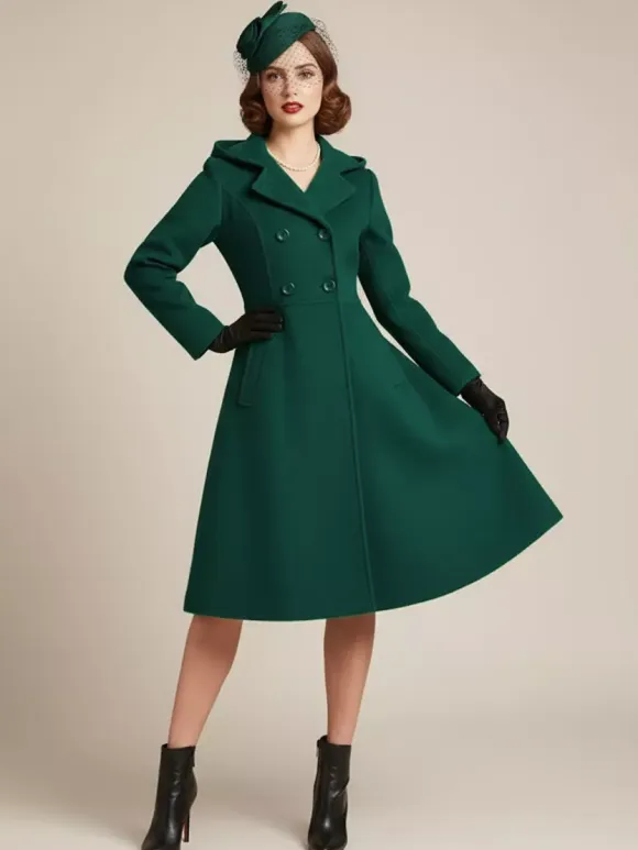 Vintage Hooded A-line Double-breasted Woolen Midi Coat For Women 2026
