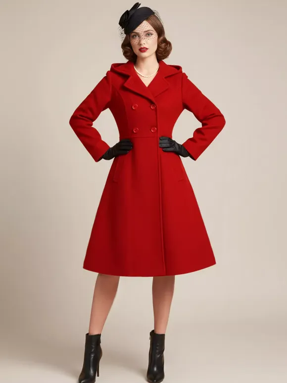 Vintage Hooded A-line Double-breasted Woolen Midi Coat For Women 2026