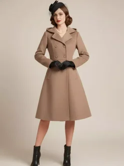Vintage Hooded A-line Double-breasted Woolen Midi Coat For Women 2026