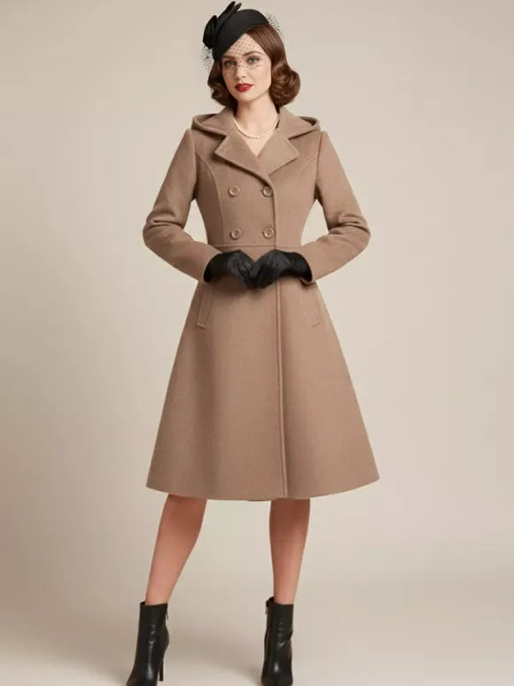 Vintage Hooded A-line Double-breasted Woolen Midi Coat For Women 2026