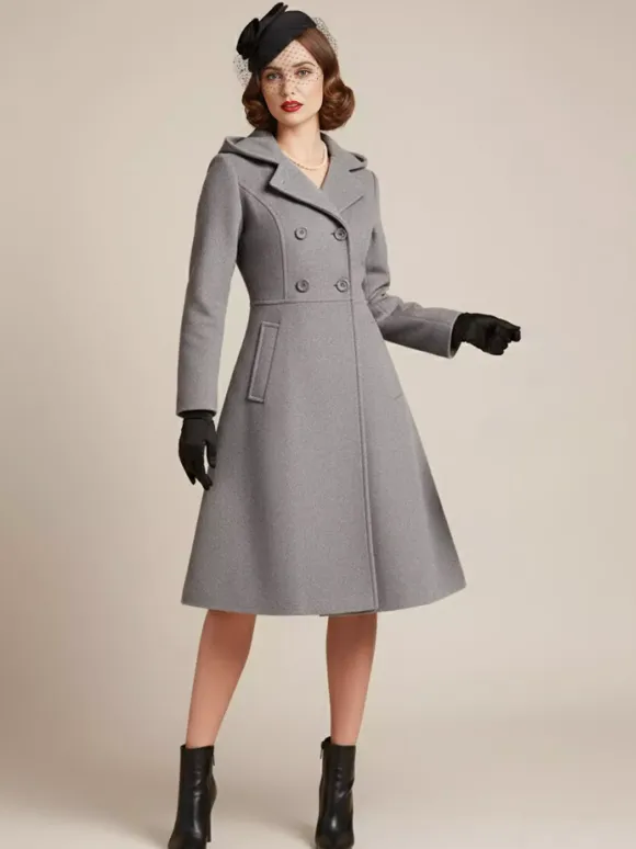 Vintage Hooded A-line Double-breasted Woolen Midi Coat For Women 2026