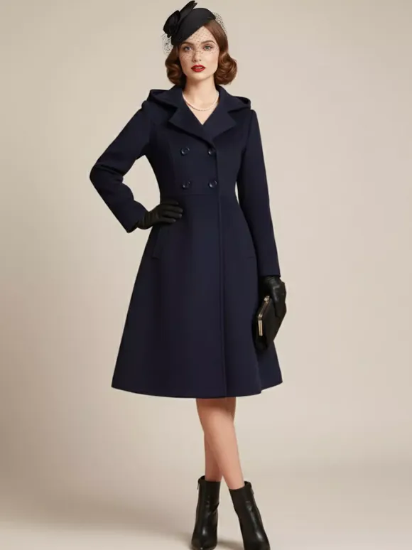 Vintage Hooded A-line Double-breasted Woolen Midi Coat For Women 2026