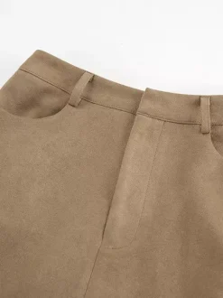 Vintage Khaki Faux Suede Front Slit High Waist Maxi Skirt
